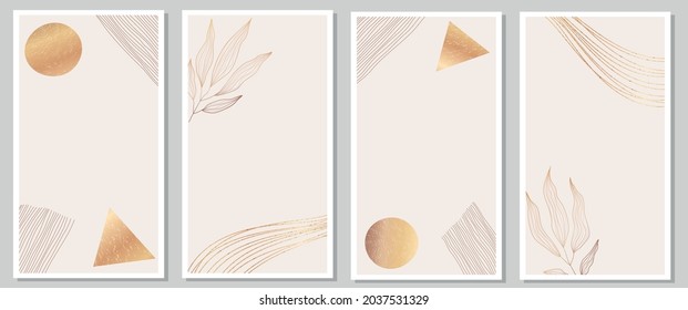 Collection of trendy abstract backgrounds as template for stories design. Gold foil and floral minimalistic illustrations as social media, post, promotion, advertising for business and private blog