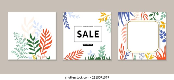 Collection of trendy abstract square art templates with floral and geometric elements. Floral backgrounds  Vector