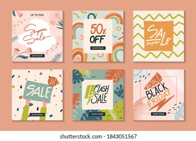 Collection of trendy abstract square sale vector templates with floral and promotion patterns. Black Friday sale discount for social media posts, mobile apps, banners design and website, internet ads
