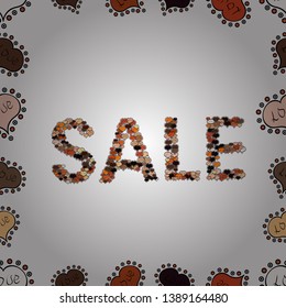 Collection with trendy backgrounds for your project, sale, frame, animation, advertisement, flayer. Vector. Sale lettering in brown, white colors. Simple poster, patches, badges in pop art style.