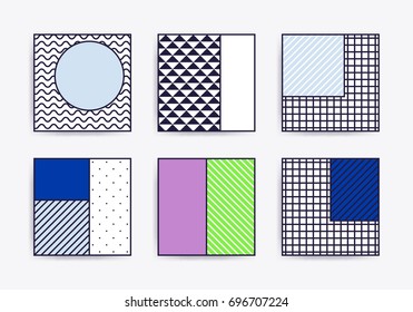 Collection with trendy backgrounds for your project, animation, advertisement, commercial banner, flyer, sale, frame. Simple poster, patches, badges in mix neo memphis, pop art style