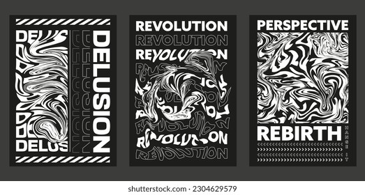 Collection of trendy brutalism style posters. Abstract modern covers. Futuristic liquid artwork.Design for typography, streetwear, t-shirt, hoodie, prints or merch. Vector illustration