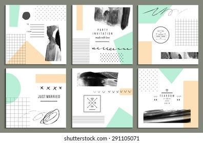 Collection of trendy cards with geometric shapes, hand made textures and logotypes. Wedding, marriage, bridal, birthday,  Valentine's day. Creative unusual posters.
Isolated