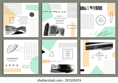Collection of trendy cards with geometric shapes, hand made textures and logotypes. Wedding, marriage, bridal, birthday,  Valentine's day. Creative unusual posters.
Isolated
