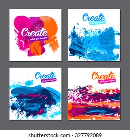 Collection of trendy cards with hand made textures and logotypes.