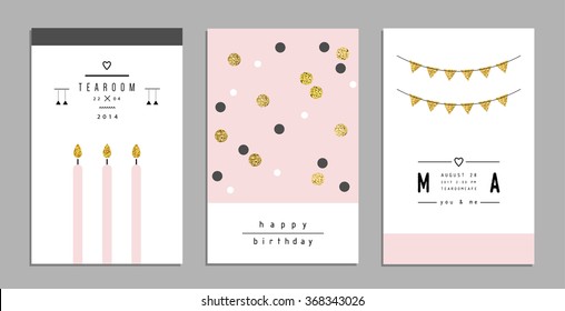 Collection of trendy cards and invitations with gold glitter texture. Wedding, marriage, bridal, birthday, Valentine's day. Template design. Isolated. Vector