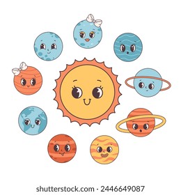 Collection of trendy cartoon groovy planets in retro style. Solar System. Earth Day, Save planet. Vector illustration in flat style