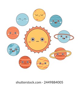 Collection of trendy cartoon planets. Solar System. Earth Day, Save planet. Vector illustration in flat style