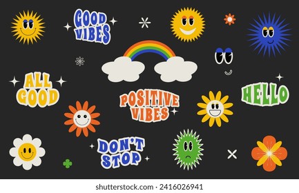 Collection of trendy cartoon stickers in retro 70s - 90s style. Set with funny comic characters and quotes. Abstract stickers in the shape of a sun, a cloud, a flower with emotions.