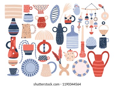 Collection of trendy ceramic household crockery and pottery - cups, plates, bowls, vases, mugs. Bundle of utensils for home decoration isolated on white background. Flat cartoon vector illustration.