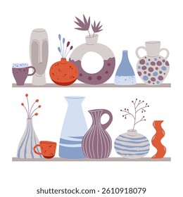 Collection of trendy ceramic vases on shelves. Vector pottery, hand drawn illustration in flat scandinavian style