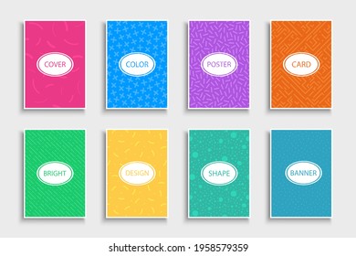 Collection of trendy colorful posters, backgrounds, brochures, banners, templates, cards. Bright artistic covers. Retro design - fashion style - 80-90s.