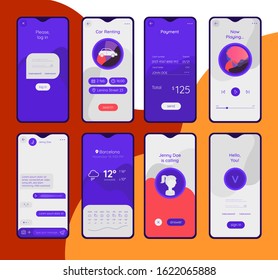 Collection of trendy colourful application mockups. Payment, call, chat, car renting, music player etc.