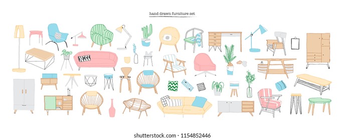 Collection of trendy and comfortable furniture, furnishings and home interior decorations of Scandic or hygge style isolated on white background. Colorful hand drawn realistic vector illustration