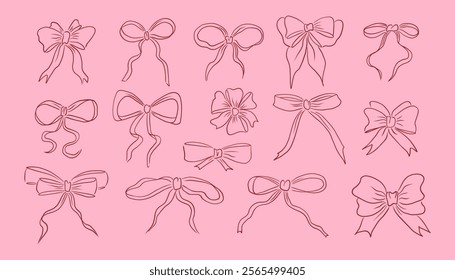 Collection of trendy coquette bows, hand drawn ribbons illustrations. Decorative feminine gift elements with bowknots for holiday celebration, birthday party. Vector set.