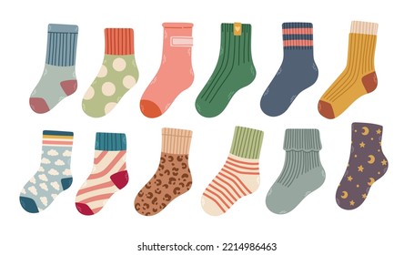 Colección de calcetines de moda de algodón y lana con diferentes texturas aislados en ilustración vectorial de fondo blanco