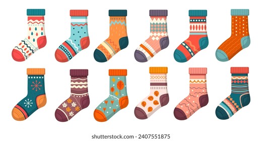 Collection of trendy cotton and woolen socks with different textures isolated on white background. Vector illustration. Knitted socks set different colors and sizes.