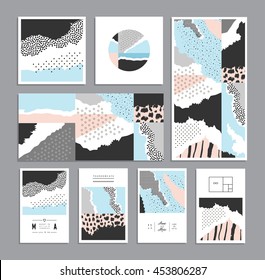 Colección de tarjetas creativas de moda con diferentes texturas. Collage. Diseño de póster, tarjeta, invitación, portada, pancarta, folleto, volante. Vector