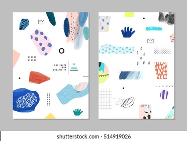 Collection of trendy creative cards with different shapes and textures. Modern graphic design. Collage. Design for poster, header, card, invitation, cover, placard, brochure, flyer. Vector