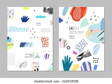 Collection of trendy creative cards with different shapes and textures. Modern graphic design. Collage. Design for poster, header, card, invitation, cover, placard, brochure, flyer. Vector