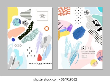 Collection of trendy creative cards with different shapes and textures. Modern graphic design. Collage. Design for poster, header, card, invitation, cover, placard, brochure, flyer. Vector