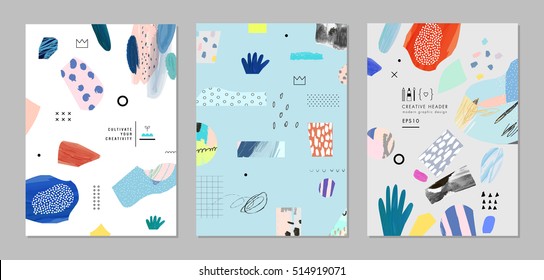 Collection of trendy creative cards with different shapes and textures. Modern graphic design. Collage. Design for poster, header, card, invitation, cover, placard, brochure, flyer. Vector