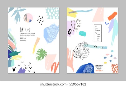 Collection of trendy creative cards with different shapes and textures. Modern graphic design. Collage. Design for poster, header, card, invitation, cover, placard, brochure, flyer. Vector