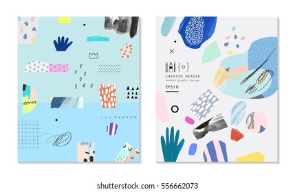 Collection of trendy creative cards with different shapes and textures. Modern graphic design. Collage. Design for poster, header, card, invitation, cover, placard, brochure, flyer. Vector