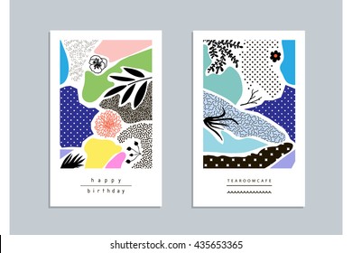 Coleção de cartões criativos da moda com elementos florais e diferentes texturas. Colagem. Design para cartaz, cartão, convite, cartaz, folheto, folheto. Vetor