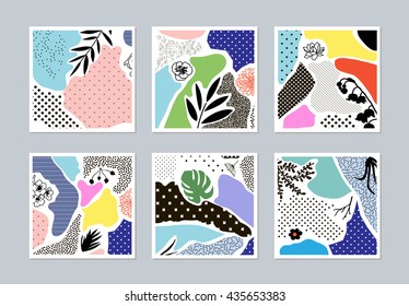 Collection of trendy creative cards with floral elements and different textures. Collage. Design for poster, card, invitation, placard, brochure, flyer. Vector