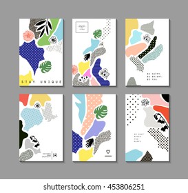 Collection of trendy creative cards with floral elements and different textures. Collage. Design for poster, card, invitation, cover, placard, brochure, flyer. Vector