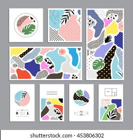 Collection of trendy creative cards with floral elements and different textures. Collage. Design for poster, card, invitation, cover, placard, brochure, flyer. Vector