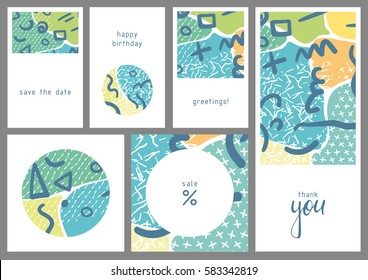 Collection of trendy creative cards with floral elements and different textures. Collage. Design for prints, posters, cards, etc. Vector.