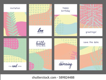 Collection of trendy creative cards with floral elements and different textures. Collage. Design for prints, posters, cards, etc. Vector.