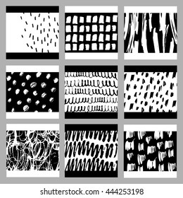 Collection of trendy creative cards with hand drawn textures. Design for poster, card, invitation, placard, brochure. Vector.