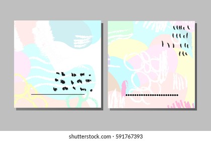 Collection of trendy creative cards with hand drawn textures. Design for poster, card, invitation, placard, brochure. Vector.
