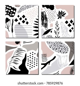 Collection of trendy creative cards with hand drawn textures. Design for poster, card, invitation, placard, brochure. Vector.