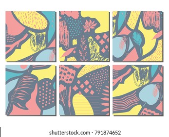 Collection of trendy creative cards with hand drawn textures. Design for poster, card, invitation, placard, brochure. Vector.