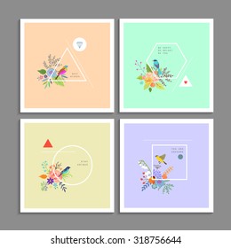 Collection of trendy creative cards. Stylish decor with flowers, birds and geometric shapes. Hipster logotypes. Vector. Isolated.