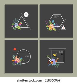 Collection of trendy creative cards. Stylish decor with flowers, birds and geometric shapes. Hipster logotypes. Vector. Isolated.
