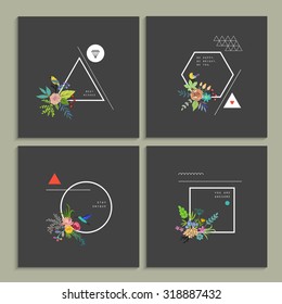 Collection of trendy creative cards. Stylish decor with flowers, birds and geometric shapes. Hipster logotypes. Vector. Isolated.