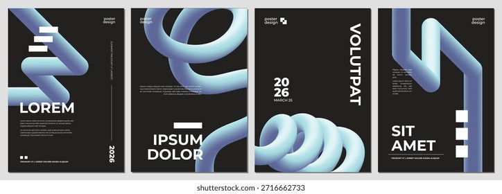 Colección de Plantillas de diseño de póster oscuro de moda con Elementos de tubería de fluido de gradiente azul 3D abstracto y diseño de tipografía