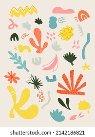 Collection of trendy doodles and abstract symbols of nature and plants on isolated background. Large collection, unusual organic forms in art-matisse style by hand.