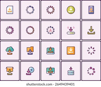 Collection of trendy download icons featuring cloud, file, loading status, computer