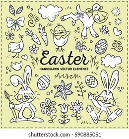 Collection of trendy Easter hand drawn vector elements with cute cartoon animals.
Line drawing in black and white on a green background.