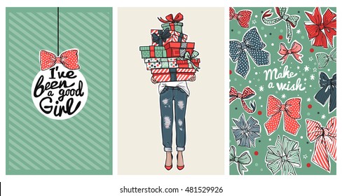Collection of trendy fashion cards and invitations with illustration for girl and woman party. Wedding, bridal, birthday, Valentine's day, new year, Christmas. Vector. Green, red, blue flat colors.
