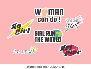 Collection of trendy feminism stickers with inspiration quotes. Girl power. Vector illustration
