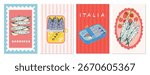 A collection of trendy, fun, modern vector illustrations of sardines and Italian cuisine in a retro style. Posters for the kitchen or cafe, background or decor, wall poster. Vector illustration
