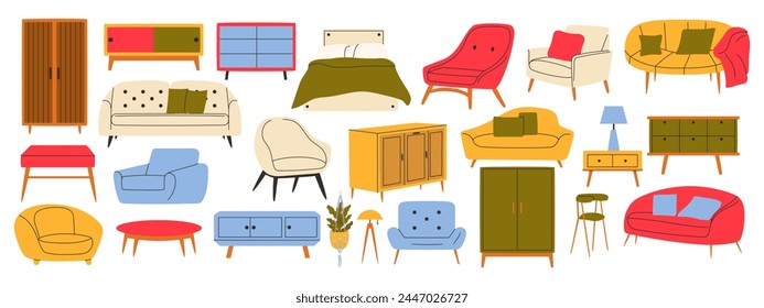 Collection of trendy furniture in scandinavian style. Sofa, table, wardrobe, armchair, chest of drawers. Cozy home interior.