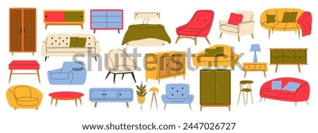 Collection of trendy furniture in scandinavian style. Sofa, table, wardrobe, armchair, chest of drawers. Cozy home interior.